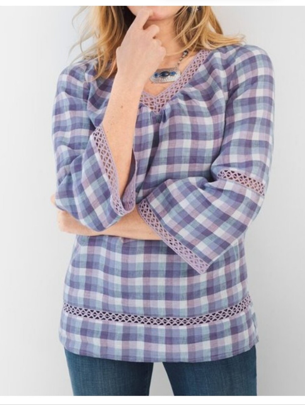 Chicos Gingham Purple  Linen Top 3/4 Sleeve Blouse Size 3 XL Clochet V Neck Nwt